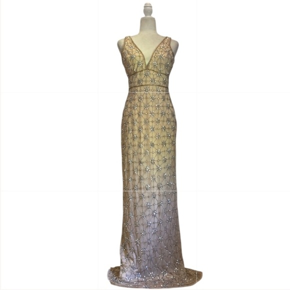 Mac Duggal Sleeveless Hand Beaded V-neck Gown Floral Jewel Maxi Dress - Picture 10 of 12